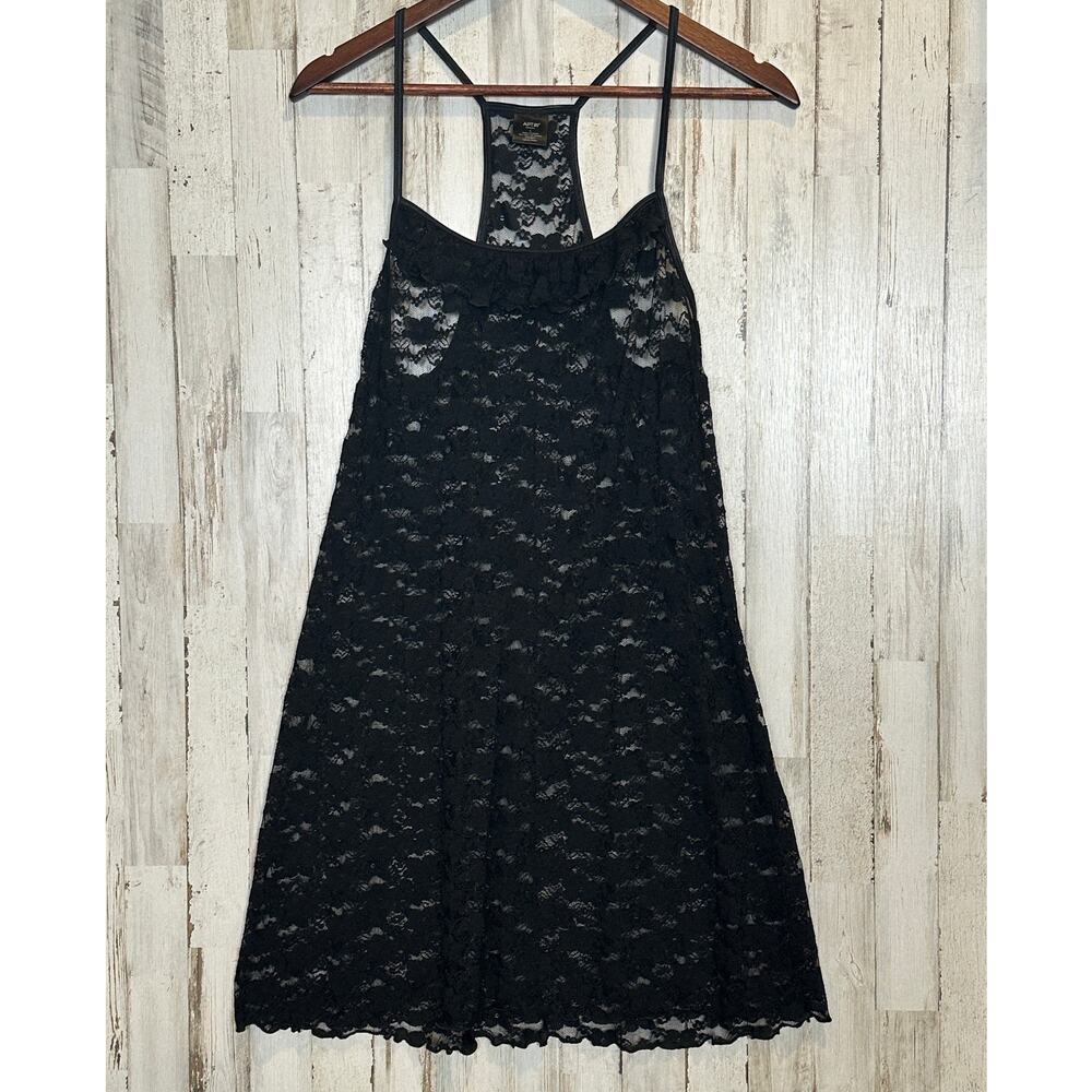 Lacey Slip Dress Chemise Large Black Sheer Ruffle Top Stretchy Siren Coquette